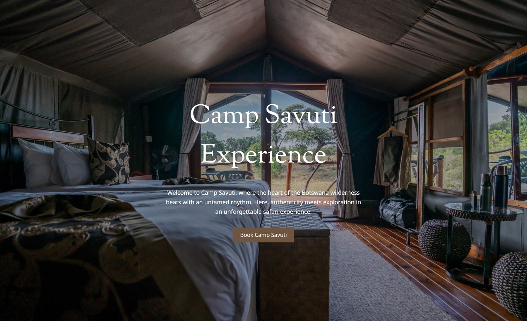 Camp Savuti sells its tented camp on a page of its own, with a booking button.