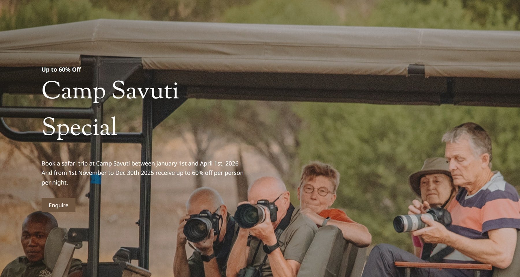 Offers get a page of their own: Camp Savuti Special carries up to 60 percent off and an enquiry button.